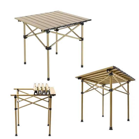 Masă Pliabilă pentru Camping și Picnic, 53×51×50cm, cu Cadru Metalic Stabil și Blat Rezistent, Tip Acordeon cu Husă de Transport Inclusă, Culoare Lemn Natur / Alb Cald