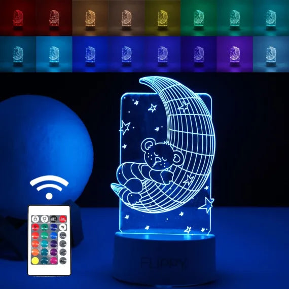 Lampă LED Decorativă 3D în Formă de Ursuțel pe Semilună, Iluminat Multicolor RGB cu Telecomandă, Alimentare USB și Baterii, Înălțime 20cm