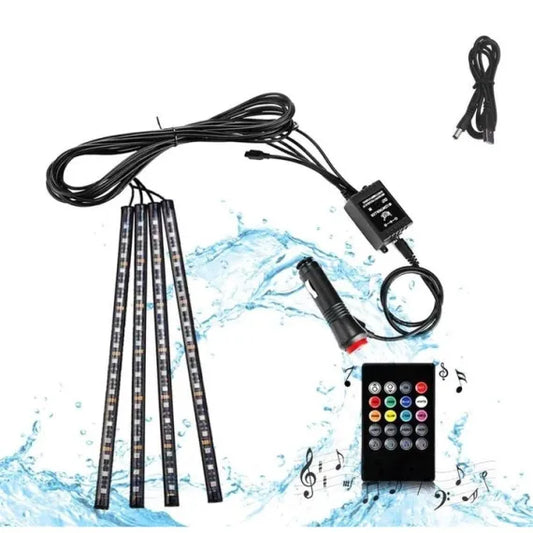 Kit Lumini Ambientale LED RGB Interior Auto, 4 Benzi (72 LED), Sincronizare Muzicală și Activare Sonoră, Telecomandă Wireless, Rezistent la Apă, Alimentare Brichetă 12V, Montaj Instant cu Bandă Adezivă 3M