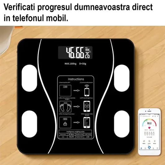 Cântar Inteligent cu Bluetooth și Analiză Corporală, Diagnostic Complet de Sănătate prin Aplicație Mobilă, Ecran LCD, Dimensiuni 26x26cm