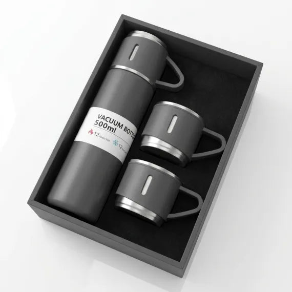 Set Cadou Premium Termos 500ml cu Perete Dublu din Inox și 2 Căni cu Mâner, Izolare Vacuum (Cald/Rece), Cutie Elegantă Inclusă