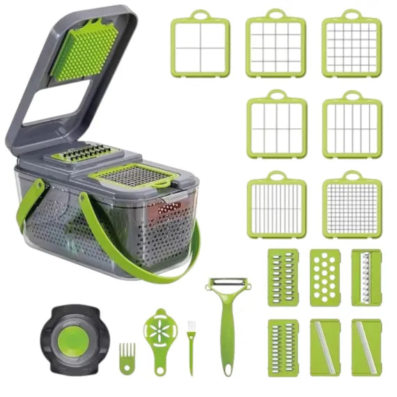 Răzătoare Multifuncțională 22 în 1 pentru Legume și Fructe, Caserolă de Colectare, Lame din Oțel Inoxidabil, Mâner de Protecție și Accesorii de Curățare