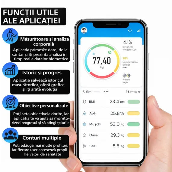 Cântar Inteligent cu Bluetooth și Analiză Corporală, Diagnostic Complet de Sănătate prin Aplicație Mobilă, Ecran LCD, Dimensiuni 26x26cm