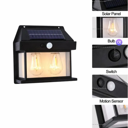 Lampa Solară LED Premium cu Design Vintage, 2 Becuri Filament cu Lumină Caldă, Senzor de Mișcare și Panou Integrat, Dimensiuni 16.5x13.5cm