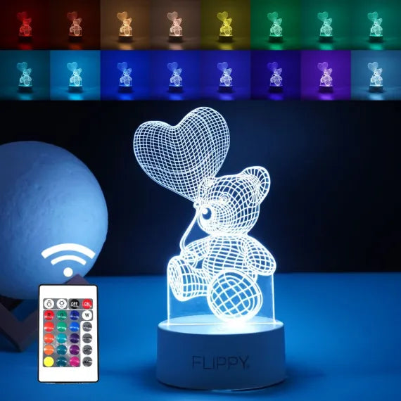 Lampă LED Decorativă 3D în Formă de Ursuțel cu Balon Inimă, Iluminat Multicolor RGB cu Telecomandă, Alimentare USB și Baterii, Înălțime 20cm