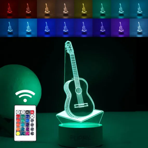 Lampă LED Decorativă 3D în Formă de Chitară, Iluminat Multicolor RGB cu Telecomandă, Alimentare USB și Baterii, Material Acrilic
