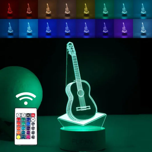 Lampă LED Decorativă 3D în Formă de Chitară, Iluminat Multicolor RGB cu Telecomandă, Alimentare USB și Baterii, Material Acrilic