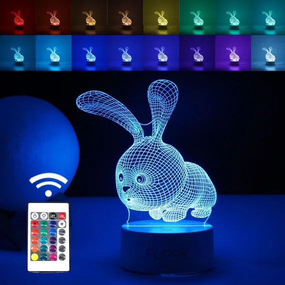 Lampă LED Decorativă 3D în Formă de Iepuraș, Iluminat Multicolor RGB cu Telecomandă, Alimentare USB și Baterii, Înălțime 20cm