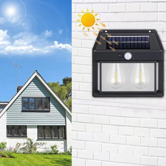 Lampa Solară LED Premium cu Design Vintage, 2 Becuri Filament cu Lumină Caldă, Senzor de Mișcare și Panou Integrat, Dimensiuni 16.5x13.5cm