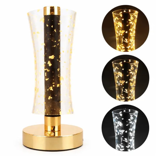 Lampă LED Decorativă Premium Model Cristal cu Fulgi Aurii, Control Touch, 3 Moduri de Lumină, Reîncărcabilă USB, Înălțime 23cm
