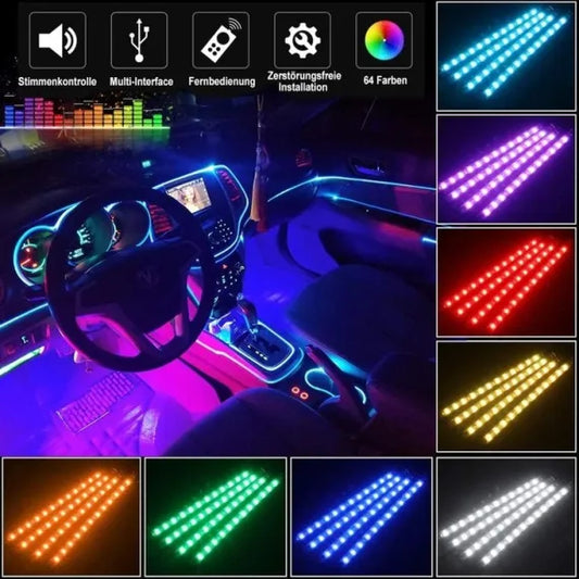 Kit Lumini Ambientale LED RGB Interior Auto, 4 Benzi (72 LED), Sincronizare Muzicală și Activare Sonoră, Telecomandă Wireless, Rezistent la Apă, Alimentare Brichetă 12V, Montaj Instant cu Bandă Adezivă 3M