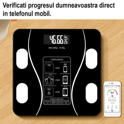 Cântar Inteligent cu Bluetooth și Analiză Corporală, Diagnostic Complet de Sănătate prin Aplicație Mobilă, Ecran LCD, Dimensiuni 26x26cm