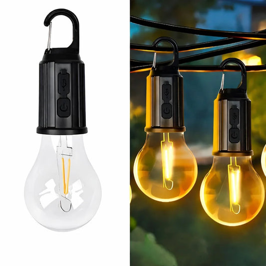 Bec Portabil pentru Camping și Terasă, Reîncărcabil USB, Impermeabil, Lumină Caldă cu Filament LED și Cârlig de Agățare, 19cm