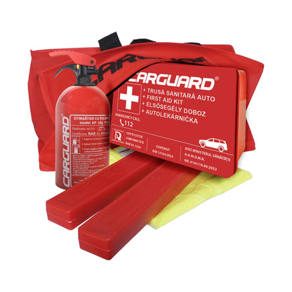 Kit Siguranță Auto Obligatoriu RAR Carguard, Trusă Medicală Europeană, Stingător Pulbere 1KG, 2 Triunghiuri Reflectorizante, Vestă XL și Geantă Organizatoare
