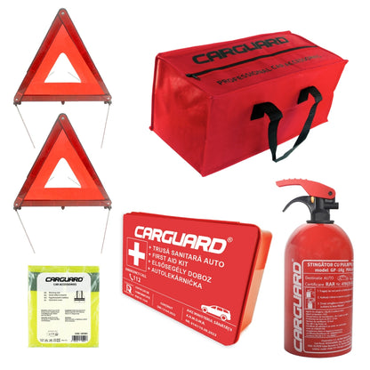 Kit Siguranță Auto Obligatoriu RAR Carguard, Trusă Medicală Europeană, Stingător Pulbere 1KG, 2 Triunghiuri Reflectorizante, Vestă XL și Geantă Organizatoare