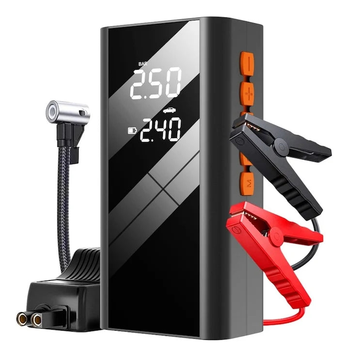 Starter Auto 4 în 1 cu Compresor de Aer Digital, Power Bank 8000mAh, Lanterna LED, 1200A, 150 PSI, Robot Pornire Baterie 12V, Clești Inteligenți Inclusi