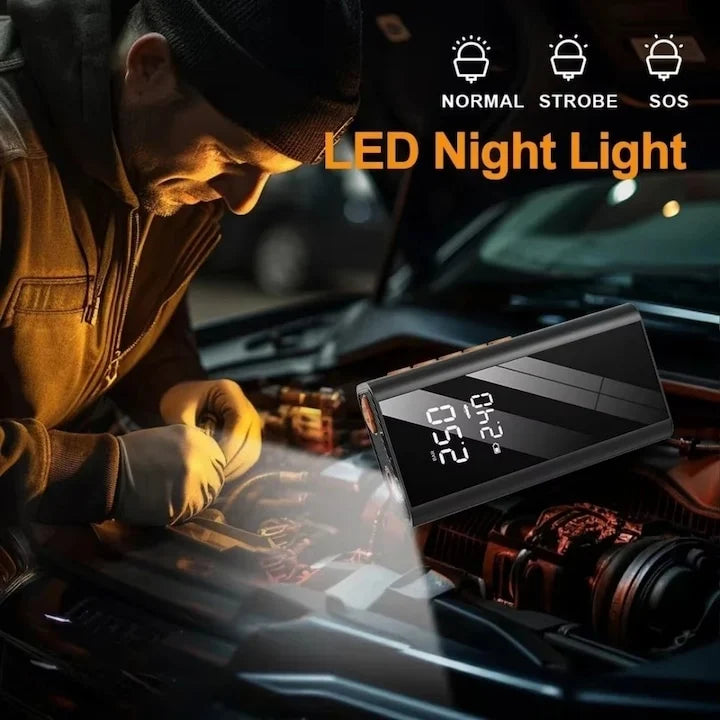 Starter Auto 4 în 1 cu Compresor de Aer Digital, Power Bank 8000mAh, Lanterna LED, 1200A, 150 PSI, Robot Pornire Baterie 12V, Clești Inteligenți Inclusi