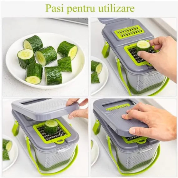 Răzătoare Multifuncțională 22 în 1 pentru Legume și Fructe, Caserolă de Colectare, Lame din Oțel Inoxidabil, Mâner de Protecție și Accesorii de Curățare