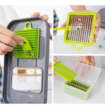 Răzătoare Multifuncțională 22 în 1 pentru Legume și Fructe, Caserolă de Colectare, Lame din Oțel Inoxidabil, Mâner de Protecție și Accesorii de Curățare