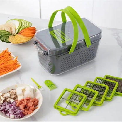 Răzătoare Multifuncțională 22 în 1 pentru Legume și Fructe, Caserolă de Colectare, Lame din Oțel Inoxidabil, Mâner de Protecție și Accesorii de Curățare