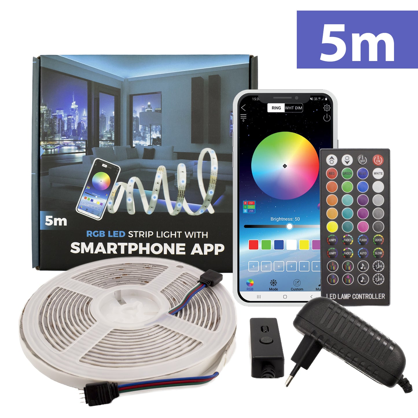 Set Bandă LED RGB Smart SunShine, 5m, Conexiune Bluetooth și Telecomandă, Control din Aplicație Smartphone, Protecție IP65 Impermeabilă, 12V