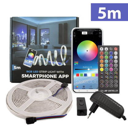 Set Bandă LED RGB Smart SunShine, 5m, Conexiune Bluetooth și Telecomandă, Control din Aplicație Smartphone, Protecție IP65 Impermeabilă, 12V