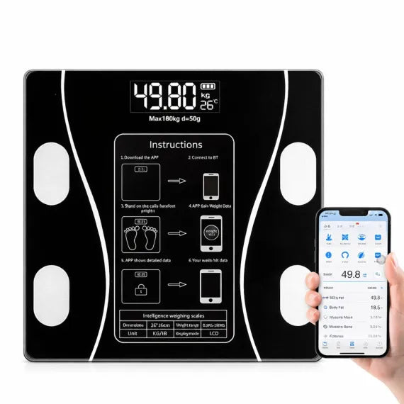 Cântar Inteligent cu Bluetooth și Analiză Corporală, Diagnostic Complet de Sănătate prin Aplicație Mobilă, Ecran LCD, Dimensiuni 26x26cm