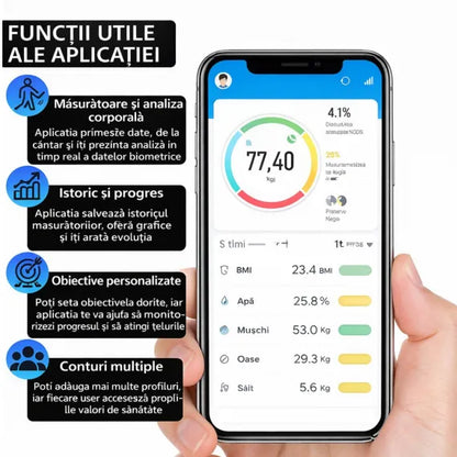 Cântar Inteligent cu Bluetooth și Analiză Corporală, Diagnostic Complet de Sănătate prin Aplicație Mobilă, Ecran LCD, Dimensiuni 26x26cm