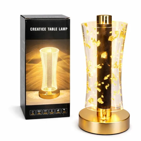 Lampă LED Decorativă Premium Model Cristal cu Fulgi Aurii, Control Touch, 3 Moduri de Lumină, Reîncărcabilă USB, Înălțime 23cm
