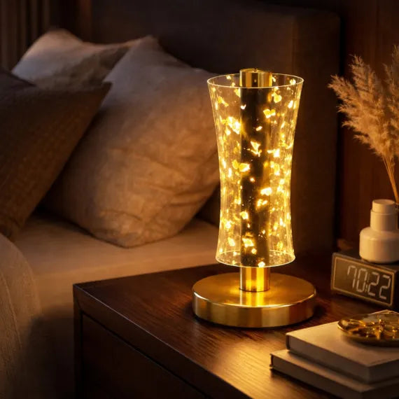 Lampă LED Decorativă Premium Model Cristal cu Fulgi Aurii, Control Touch, 3 Moduri de Lumină, Reîncărcabilă USB, Înălțime 23cm