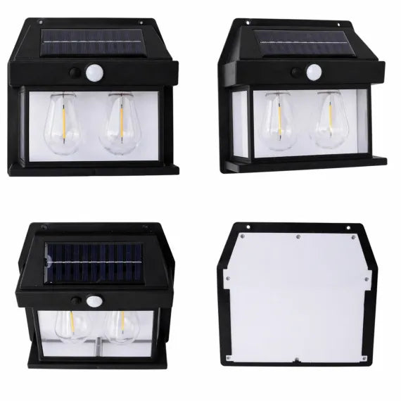 Lampa Solară LED Premium cu Design Vintage, 2 Becuri Filament cu Lumină Caldă, Senzor de Mișcare și Panou Integrat, Dimensiuni 16.5x13.5cm