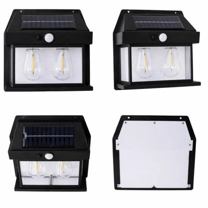 Lampa Solară LED Premium cu Design Vintage, 2 Becuri Filament cu Lumină Caldă, Senzor de Mișcare și Panou Integrat, Dimensiuni 16.5x13.5cm