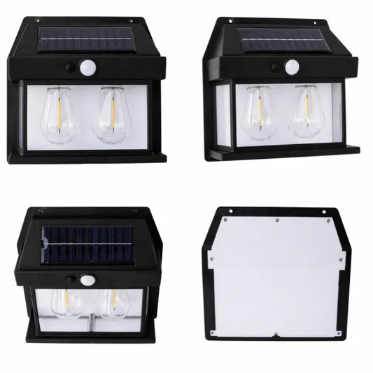 Lampa Solară LED Premium cu Design Vintage, 2 Becuri Filament cu Lumină Caldă, Senzor de Mișcare și Panou Integrat, Dimensiuni 16.5x13.5cm