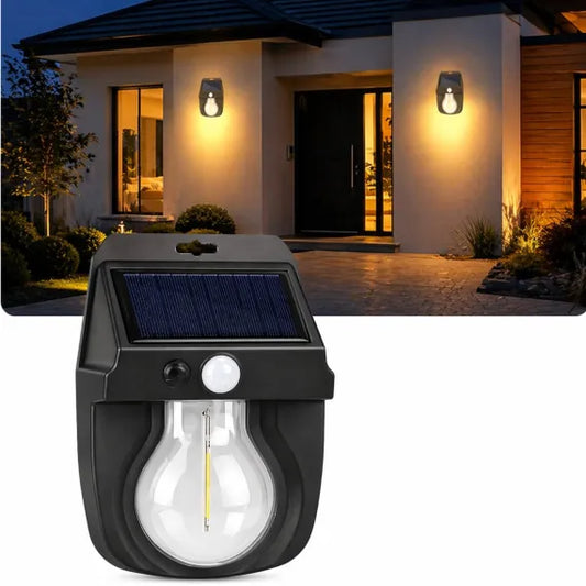 Lampă Solară LED de Exterior cu Senzor de Mișcare, Bec Filament cu Lumină Caldă, Rezistentă la Apă IP65, Dimensiuni 15.5×11.5cm, pentru Curte, Grădină sau Gard