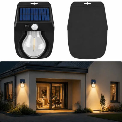 Lampă Solară LED de Exterior cu Senzor de Mișcare, Bec Filament cu Lumină Caldă, Rezistentă la Apă IP65, Dimensiuni 15.5×11.5cm, pentru Curte, Grădină sau Gard