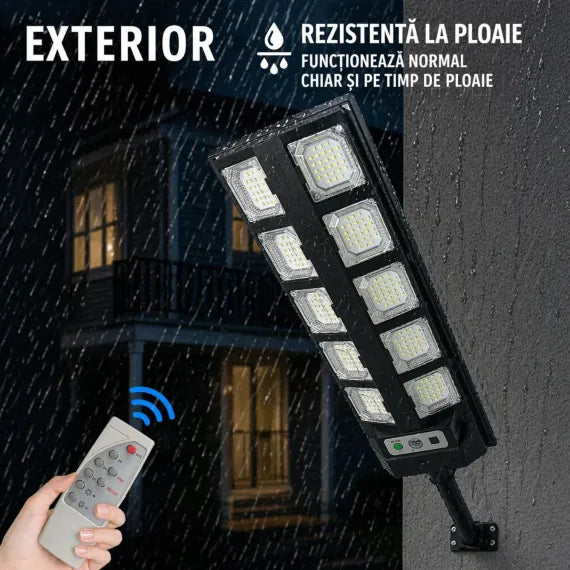 Lampă Solară Stradală Premium BK260-10, Lungime 60cm, Panou Solar Integrat, 10 Module LED Puternice, Telecomandă, Senzor Automare Zi/Noapte, Rezistentă la Apă IP65