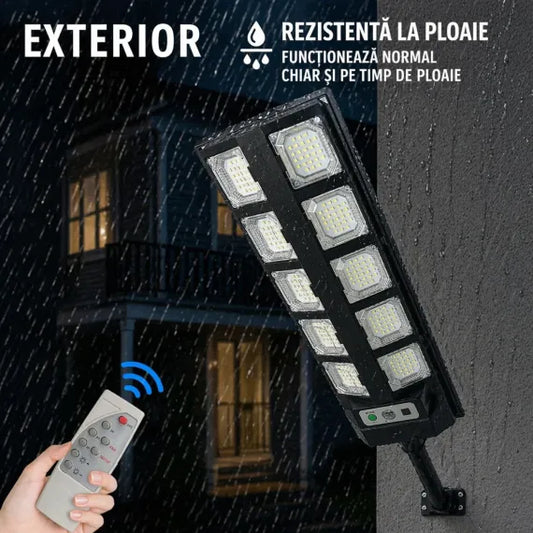 Lampă Solară Stradală Premium BK260-10, Lungime 60cm, Panou Solar Integrat, 10 Module LED Puternice, Telecomandă, Senzor Automare Zi/Noapte, Rezistentă la Apă IP65