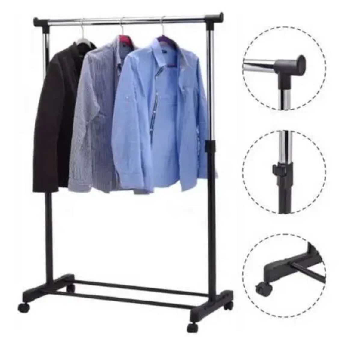 Suport Dublu pentru Haine din Metal, Înălțime Reglabilă 82-135cm, Stand Telescopic pentru Umerașe cu Raft Încălțăminte și Roți